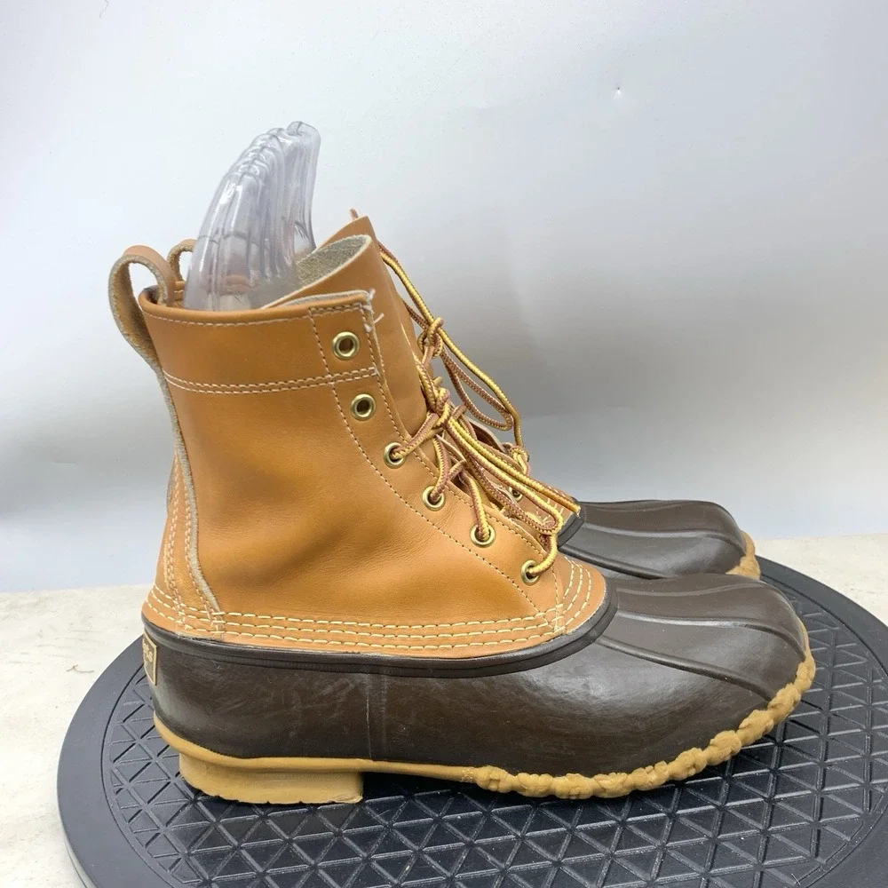 LL Bean Duck Boots Men Size 7 WIDE Shoes Brown Leather Rubber Mid 8